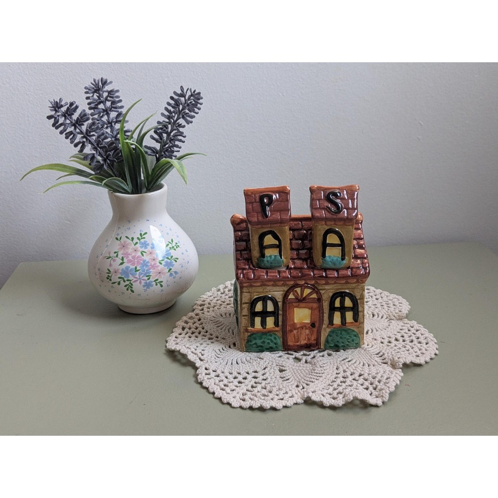 Vintage Cottage House Salt & Pepper Shakers Set w/ House Holder ALCO Ceramic